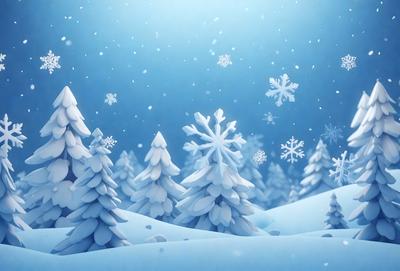The primary subject of the image is a snowy landscape featuring a group of snow-covered pine trees. The setting is a wintery environment with a blue sky in the background. The visual style of the image is digital art, as it appears to be a computer-generated or digitally rendered scene. The colors and mood of the image are predominantly white and cold, as the snow-covered trees and the overall atmosphere convey a sense of winter and tranquility.